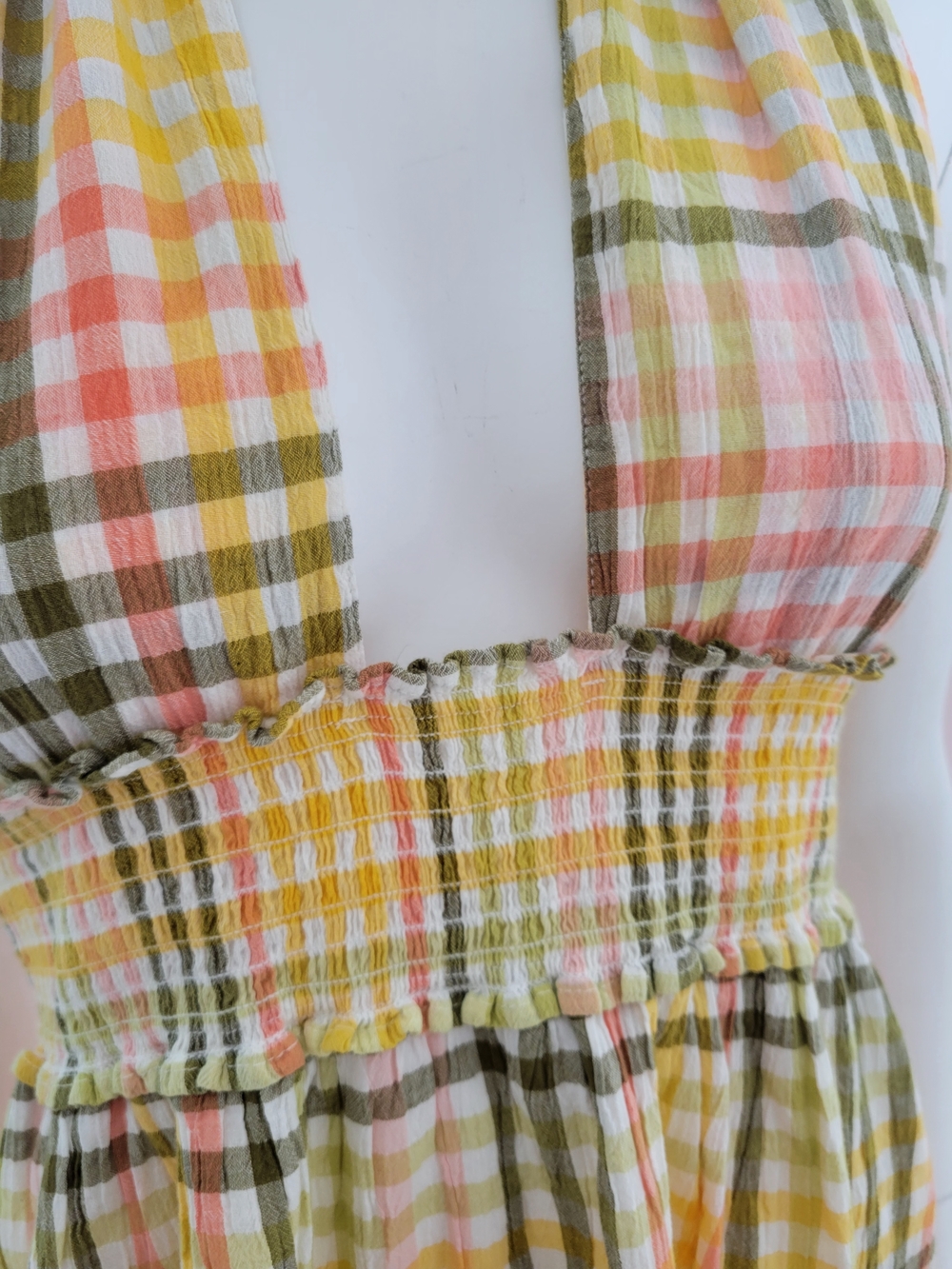 Aerie Plaid Halter Mini Dress Size M – Yellow Pink Green Checkered Ruffle Hem - Picture 3 of 8